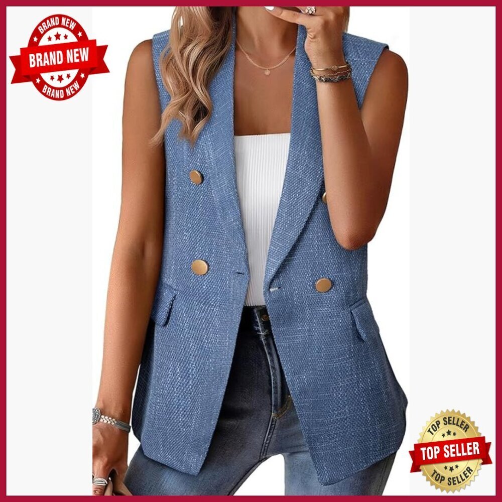 Sleeveless Tweed Blazer Vest, Double Breasted with Pockets, Work Suit
